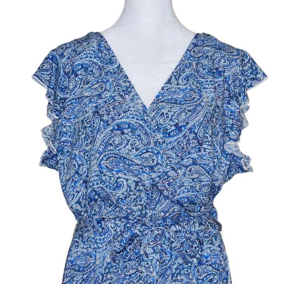 Grecerelle Hi Low Dress Faux Wrap Front Flutter Sleeve Blue Paisley Print XL - Picture 2 of 14